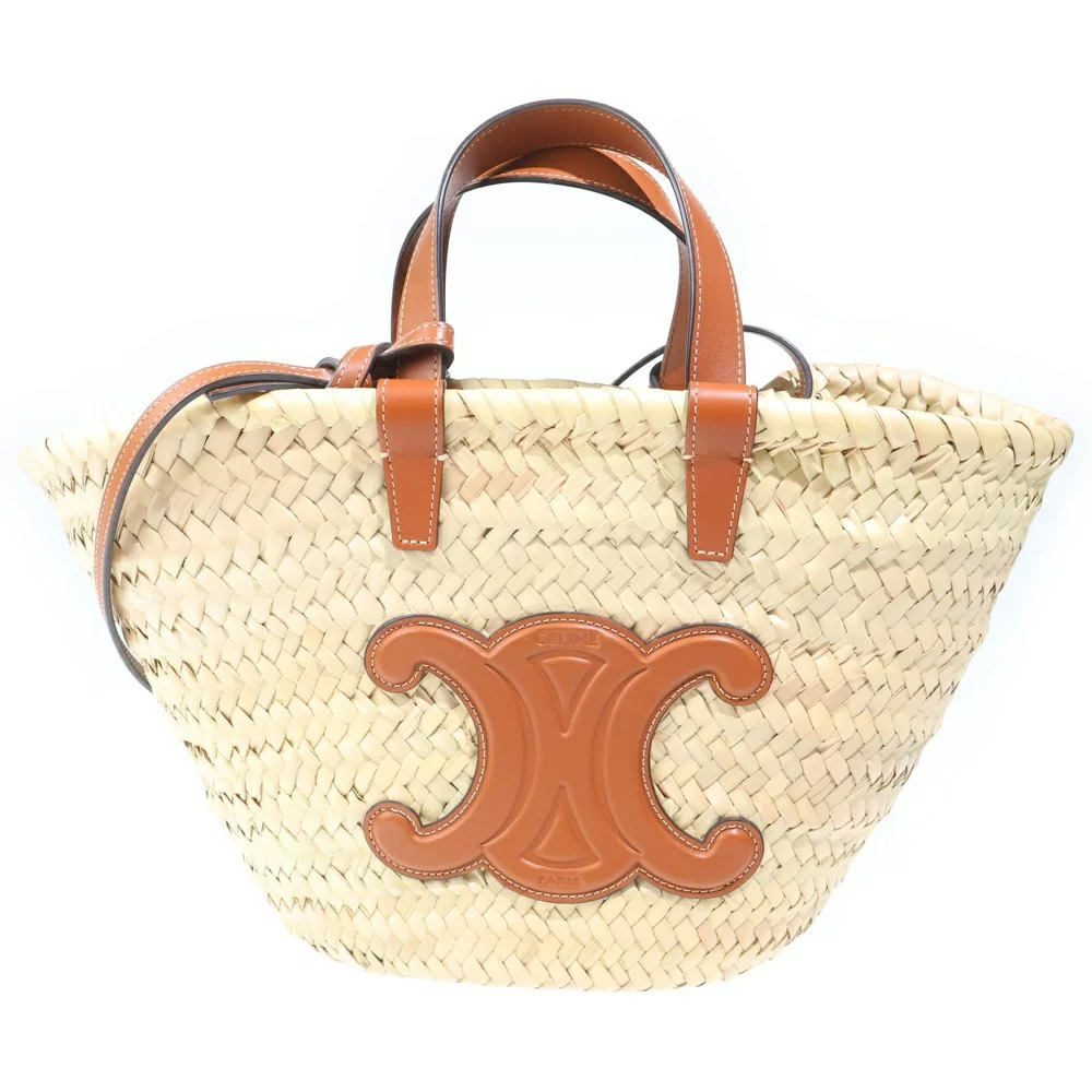 CELINE Straw Tan Bag Handbag Brown Leather